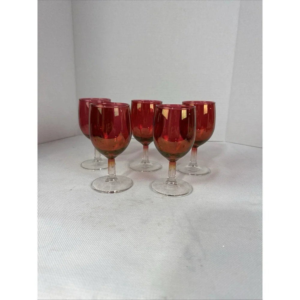 Vintage cranberry stain tulip‎ wine glasses 6 oz set of 5